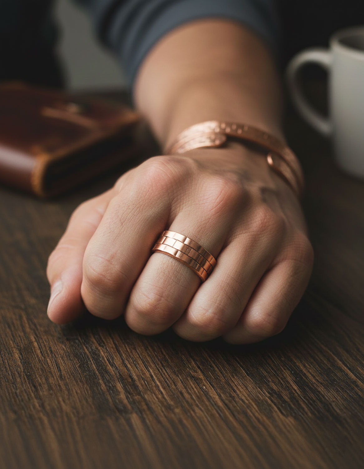 Set koperen heren armband en ring - Brick