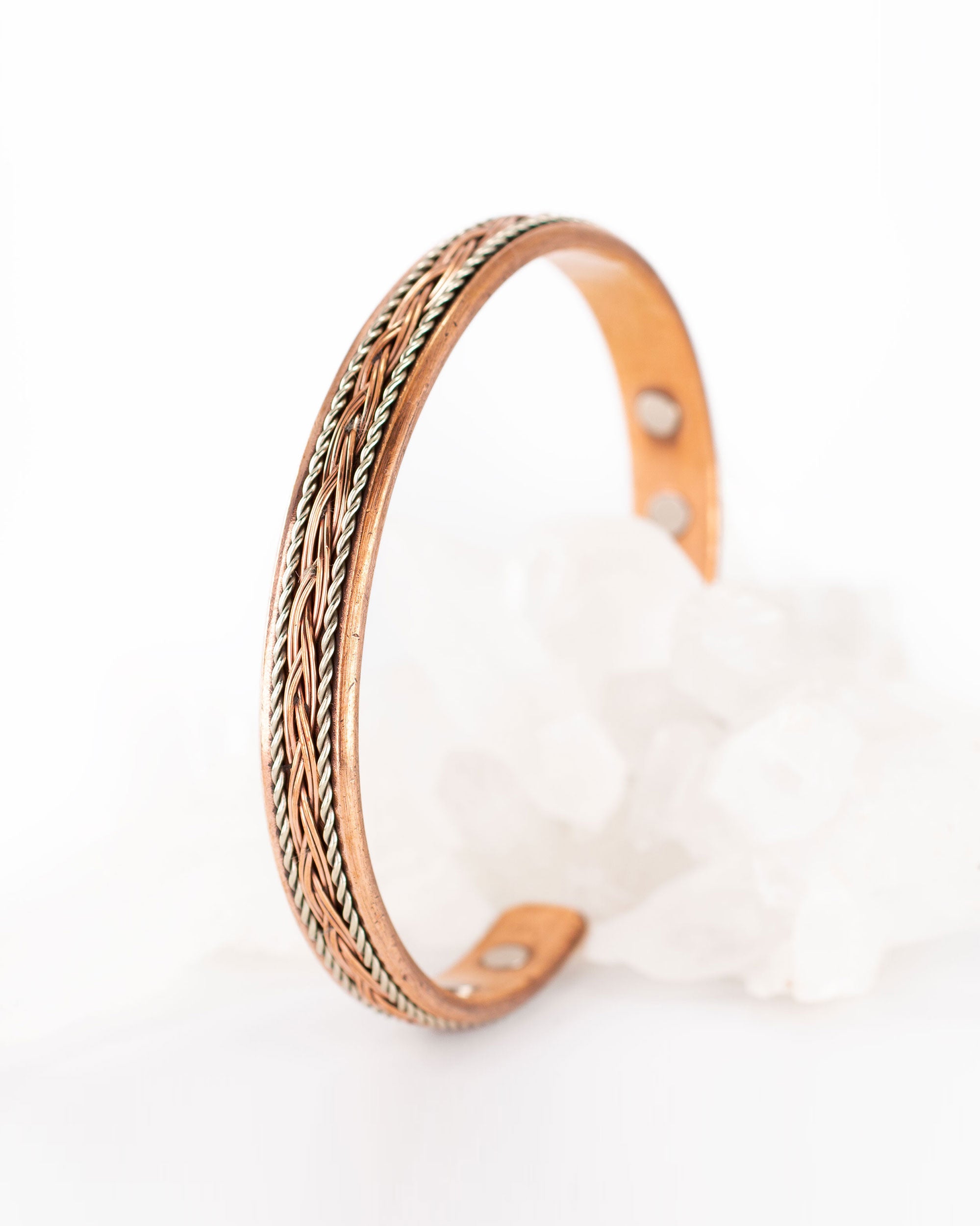 Koperen magneet armband met gevlochten inleg